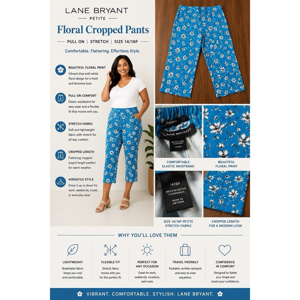 Lane Bryant Floral Cropped Pants Womens 14/16P Blue Stretch Pull On Capri Petite